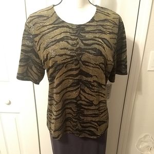 Nancy Bolen Petite For City Girl Green Jungle Beat Animal Short Sleeve Top Sz XL